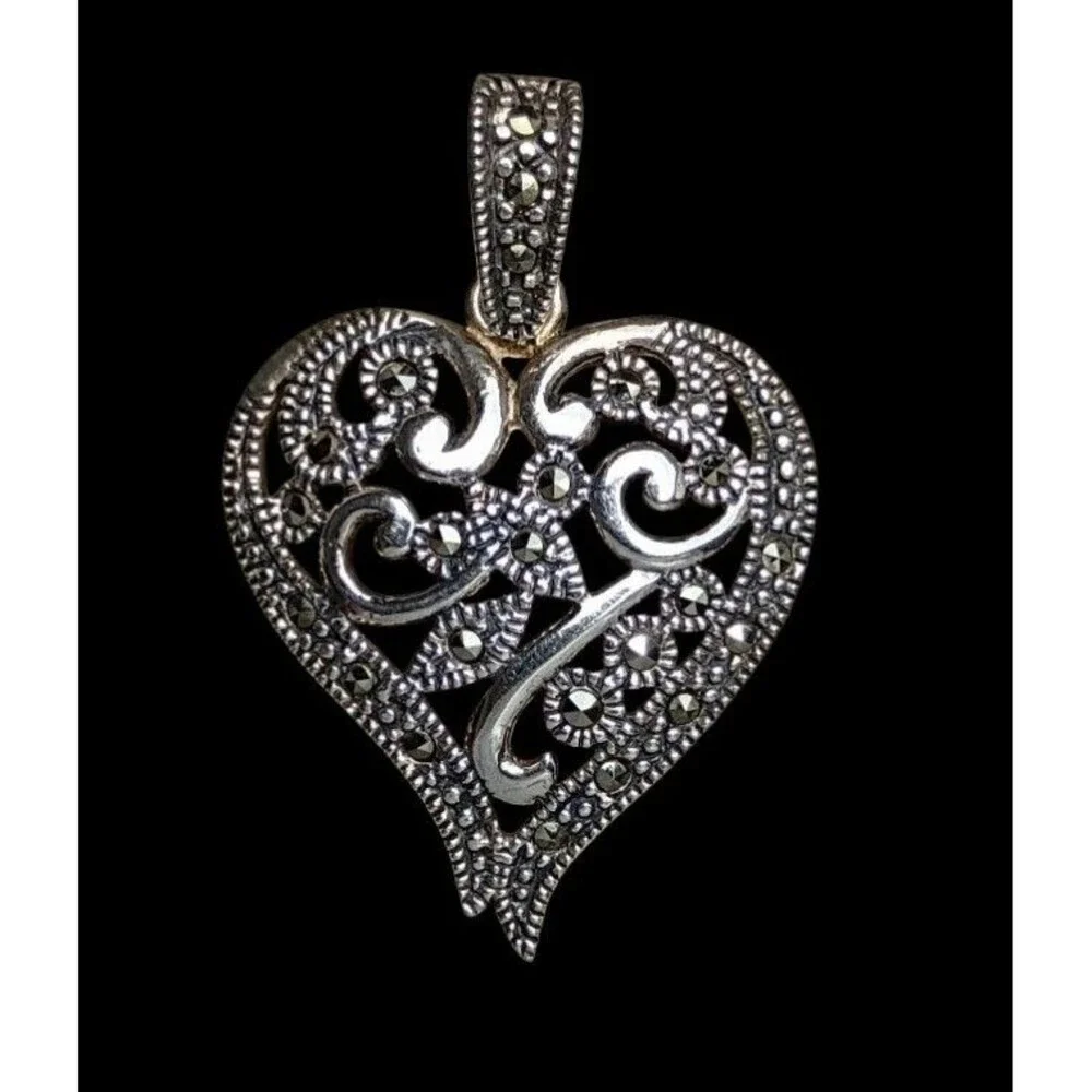 Vintage Sterling Silver Marcasite Art Nouveau style Openwork Heart Pendant